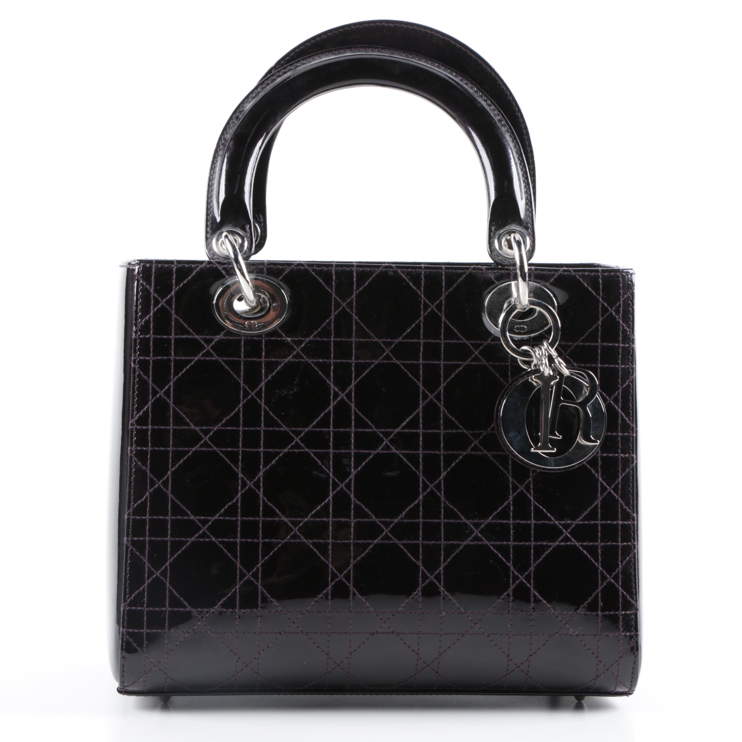 Christian Dior of Paris Black Patent Cannage Medium Lady Dior Handbag