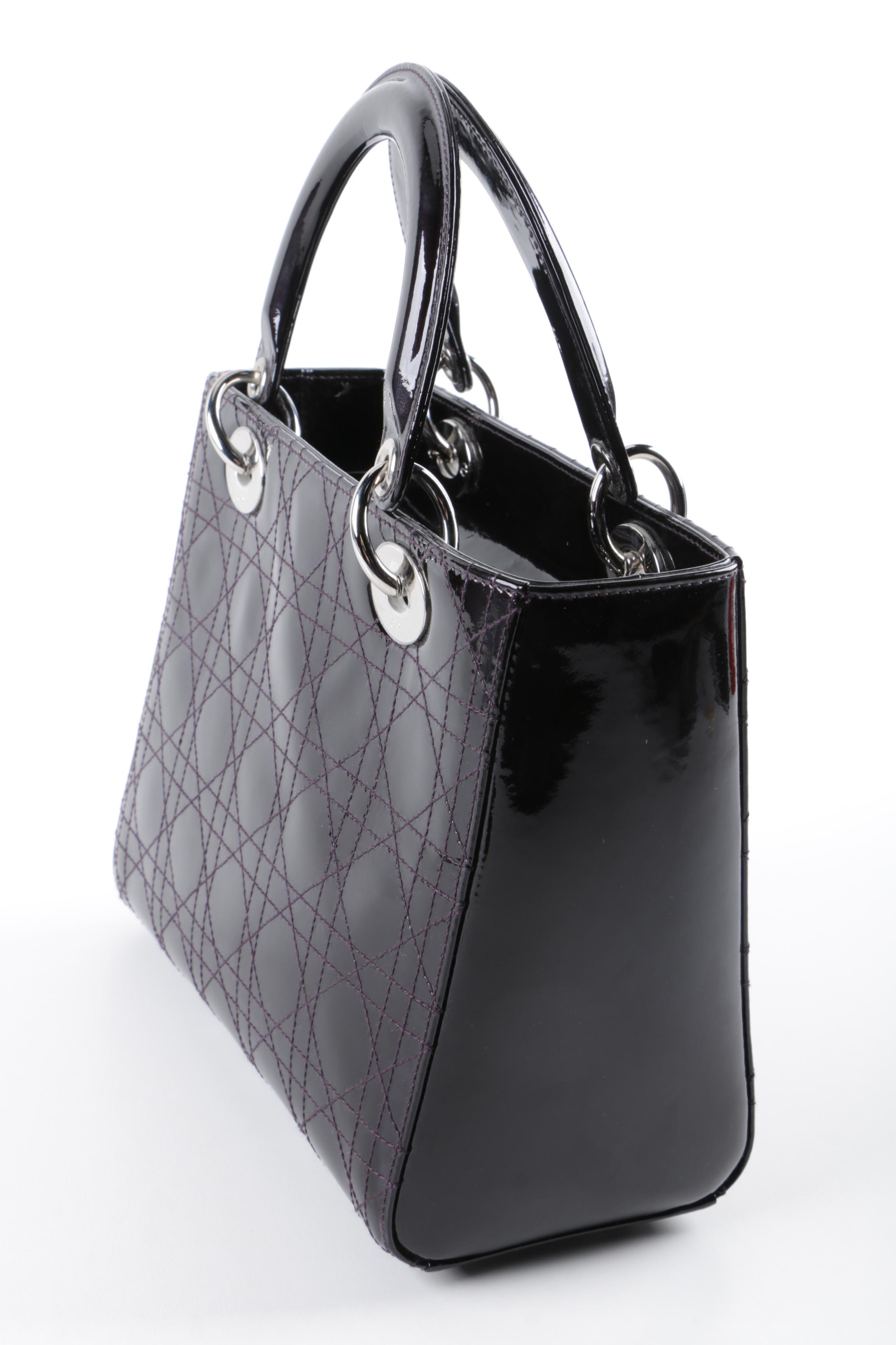 Christian Dior of Paris Black Patent Cannage Medium Lady Dior Handbag