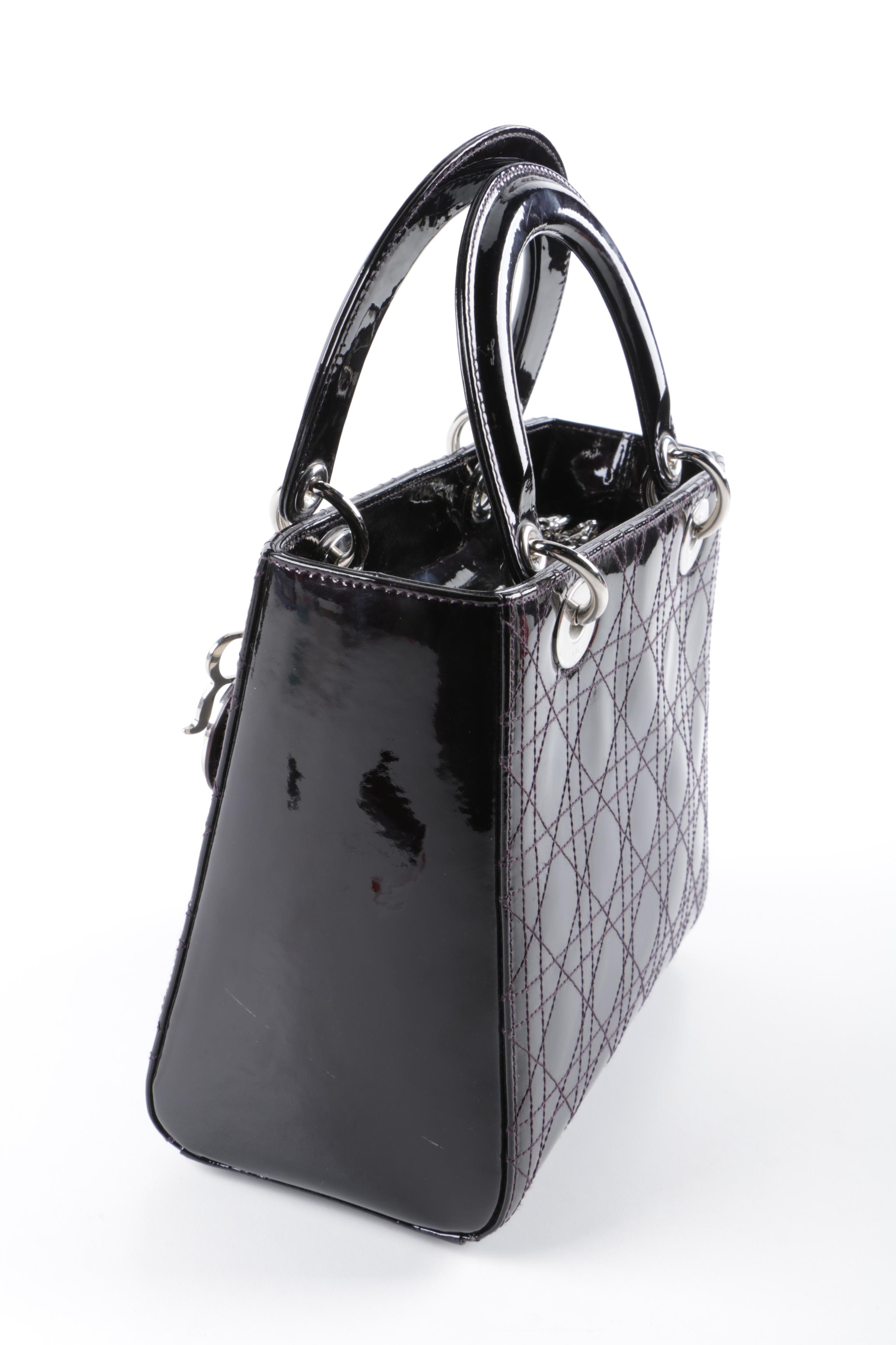 Christian Dior of Paris Black Patent Cannage Medium Lady Dior Handbag