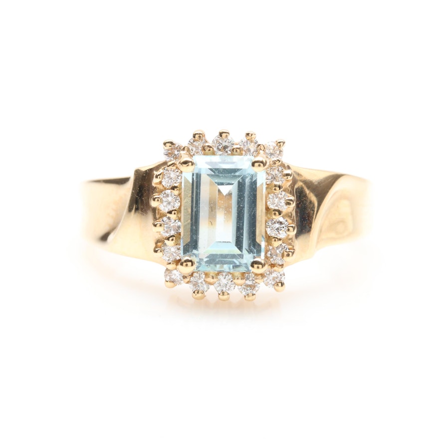 14K Yellow Gold Aquamarine and Diamond Ring