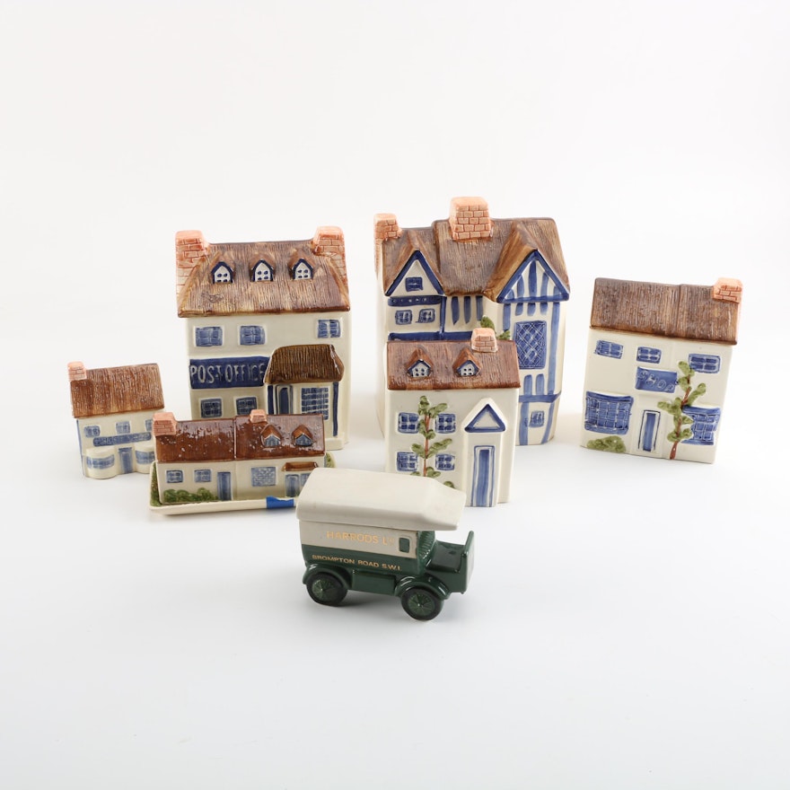 The Haldon Group "Village" House Themed Canisters and Harrods Ltd. Jar Car