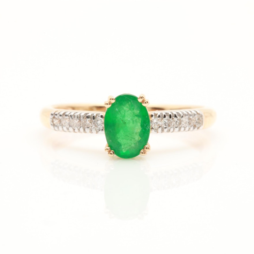 14K Yellow Gold Emerald and Diamond Ring