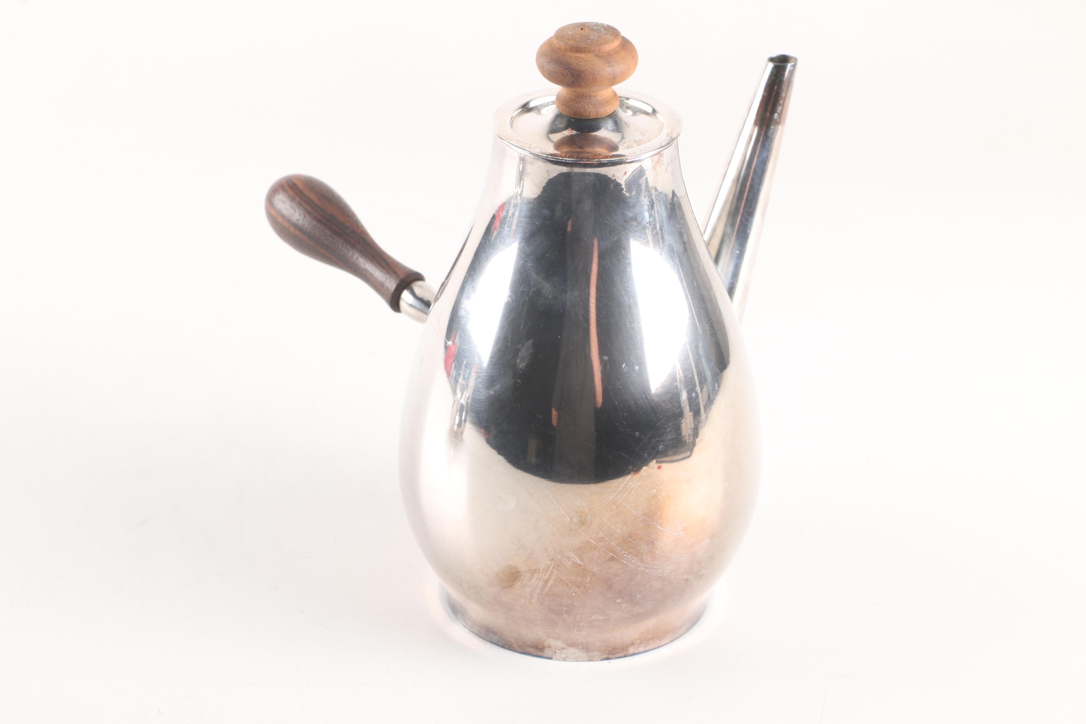 Mid-Century Silver Plated Coffee Pot, Creamer, and Sugar Bowl with Wood Handles