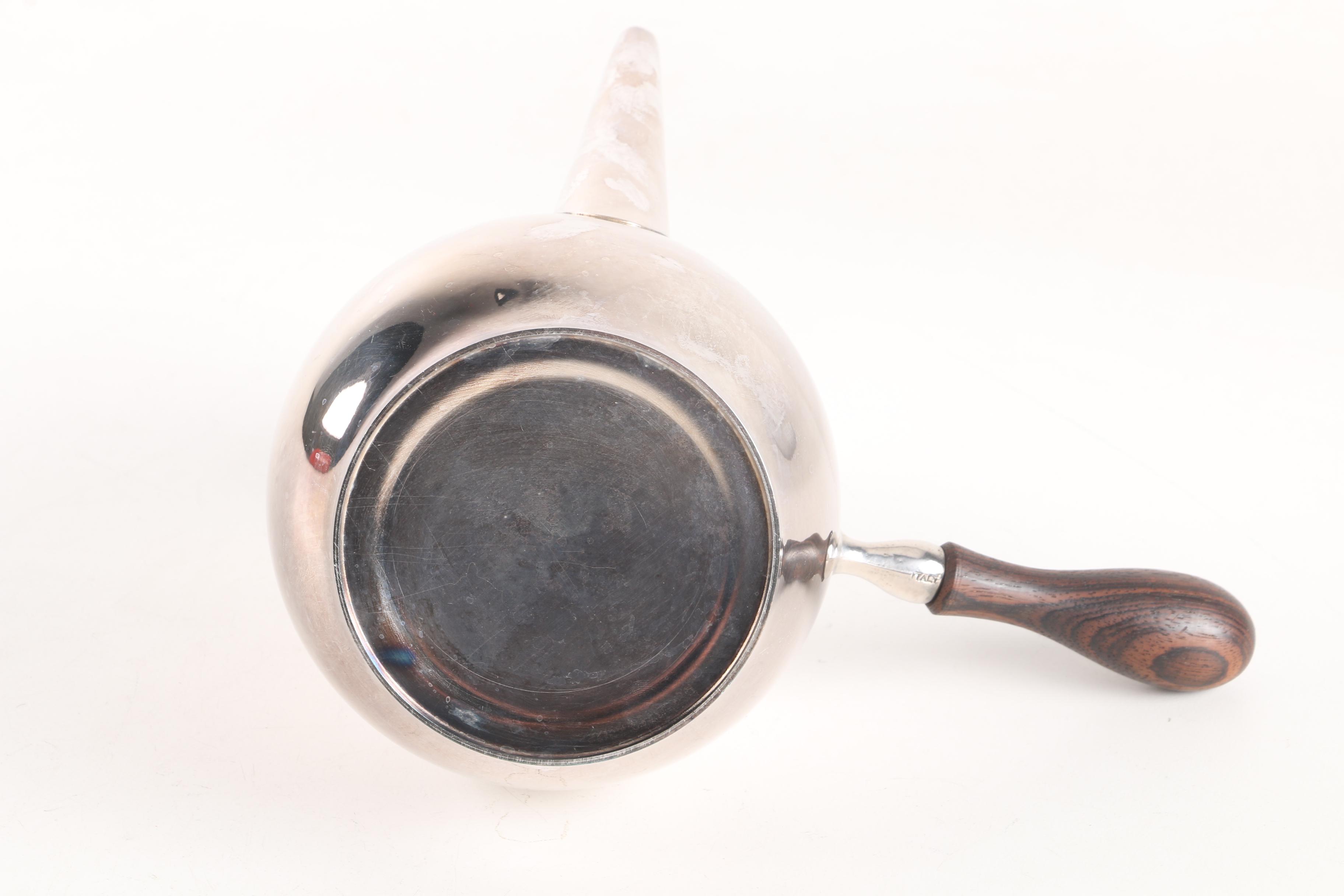 Mid-Century Silver Plated Coffee Pot, Creamer, and Sugar Bowl with Wood Handles