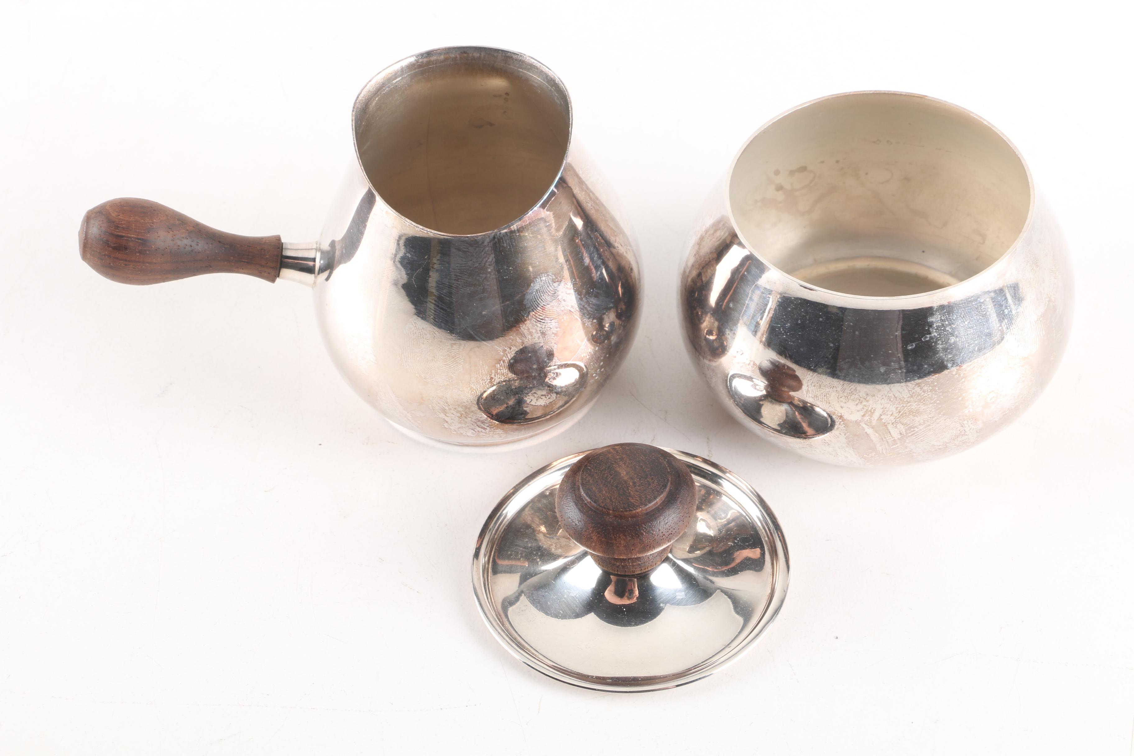 Mid-Century Silver Plated Coffee Pot, Creamer, and Sugar Bowl with Wood Handles
