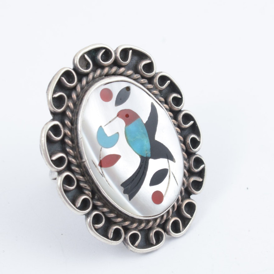 Vintage Sterling Silver, Mother of Pearl, Turquoise, Carnelian, and Onyx Ring