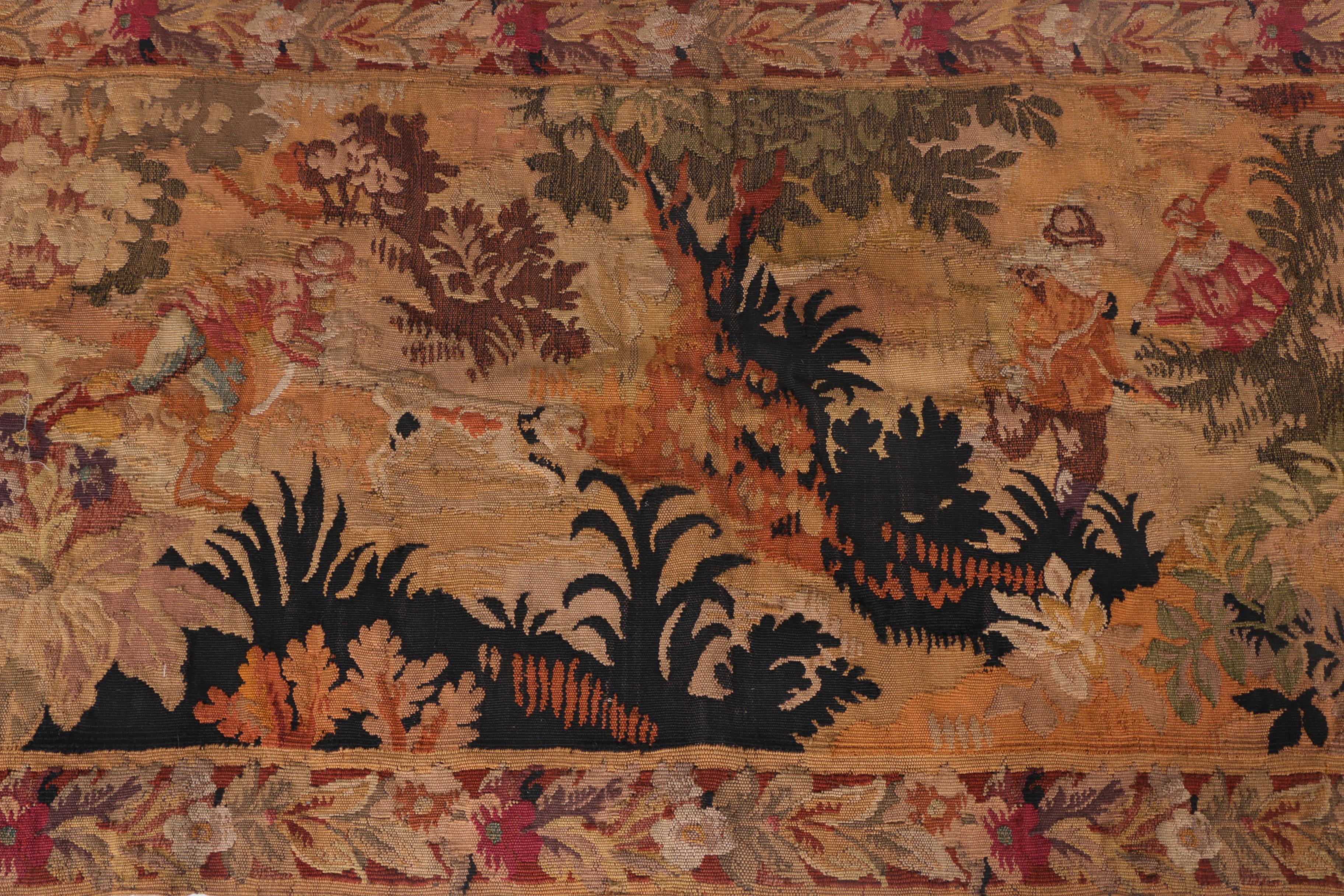 Vintage Handwoven Floral Tapestry with Hunting Scene and Rod