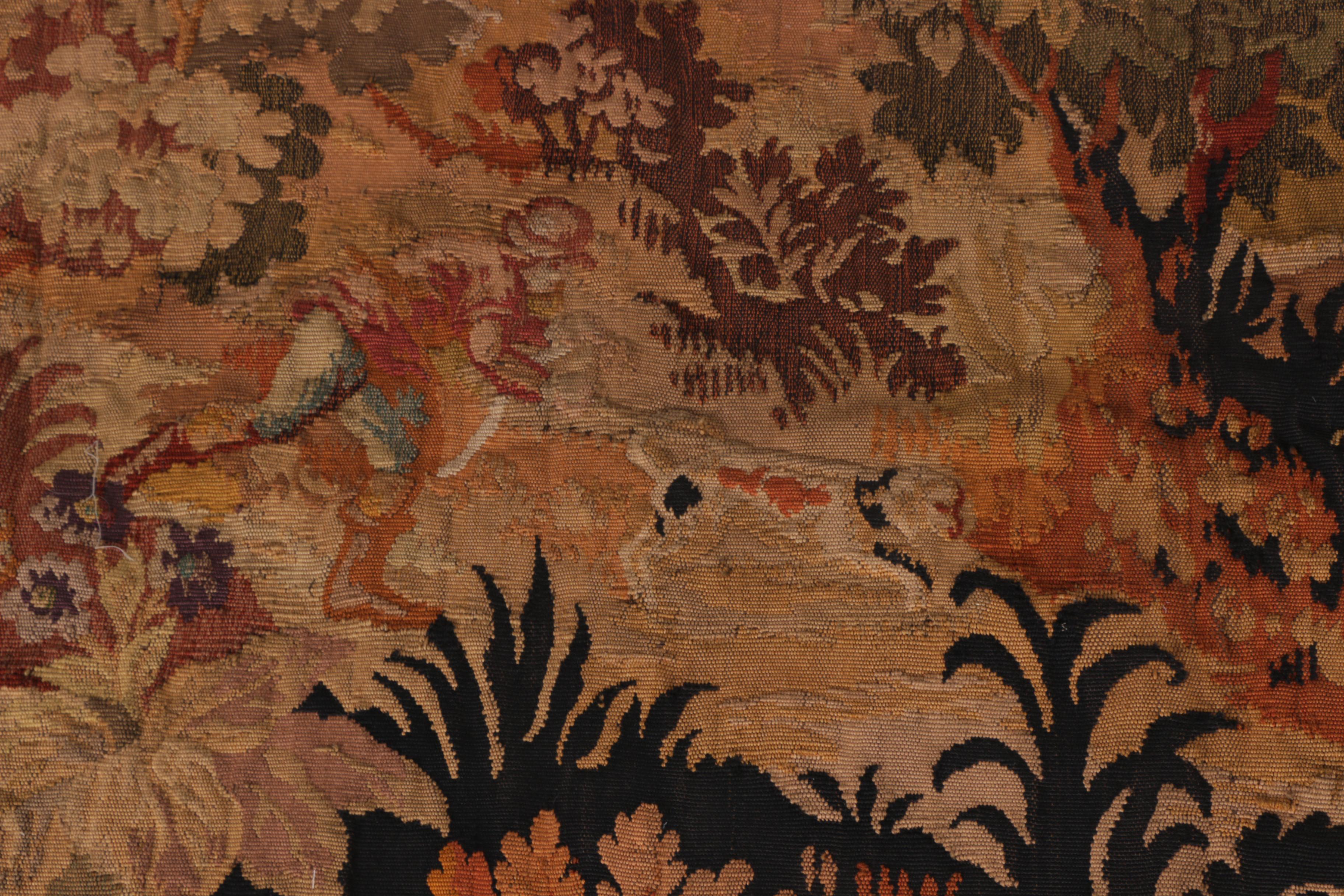 Vintage Handwoven Floral Tapestry with Hunting Scene and Rod