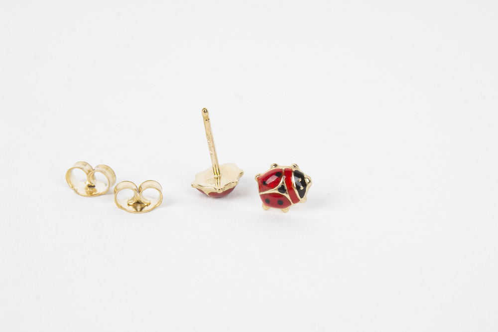 14K Yellow Gold Enamel Lady Bug Earrings