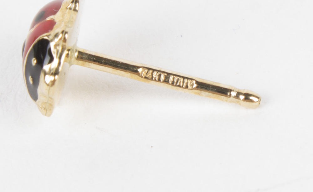 14K Yellow Gold Enamel Lady Bug Earrings