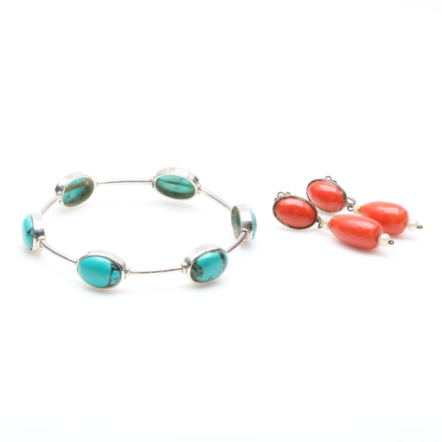 Sterling Silver Magnesite Bracelet with 800 Silver Coral and Pearl Earrings