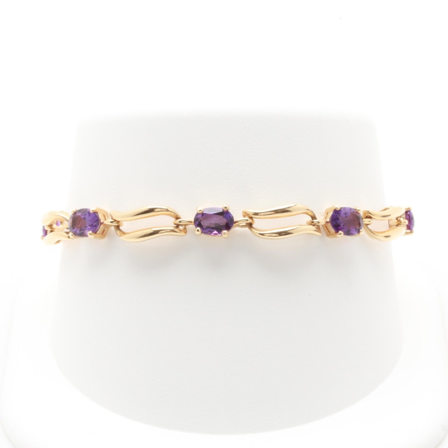 14K Yellow Gold Amethyst Fancy Link Bracelet