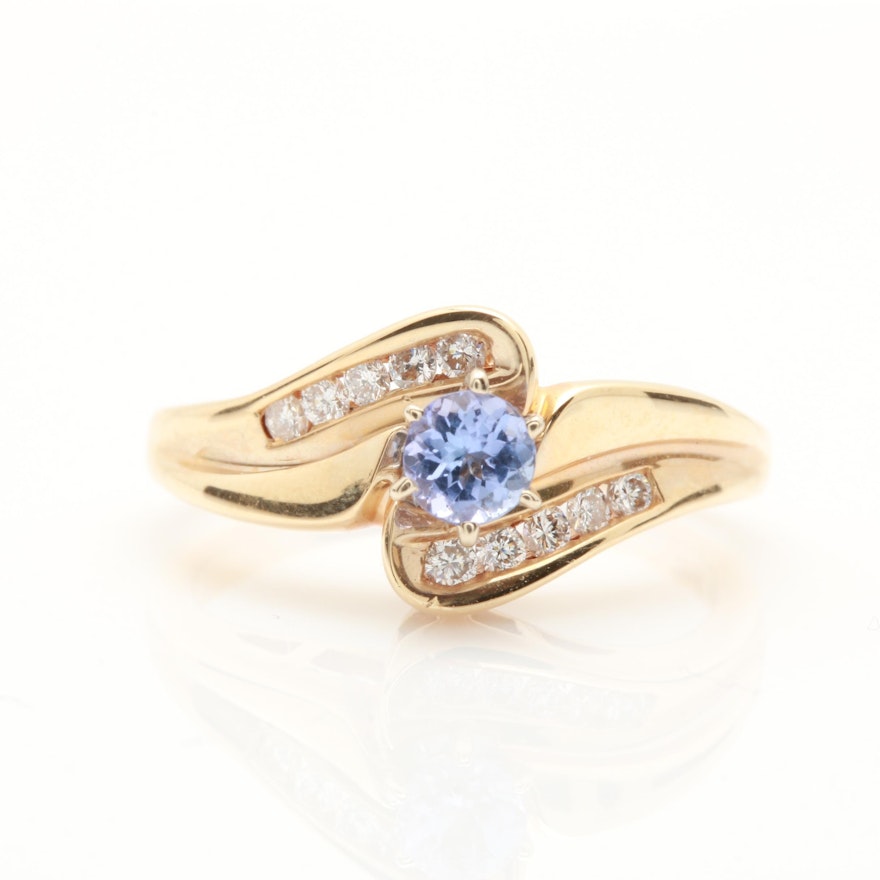 14K Yellow Gold Tanzanite and Diamond Bypass Ring