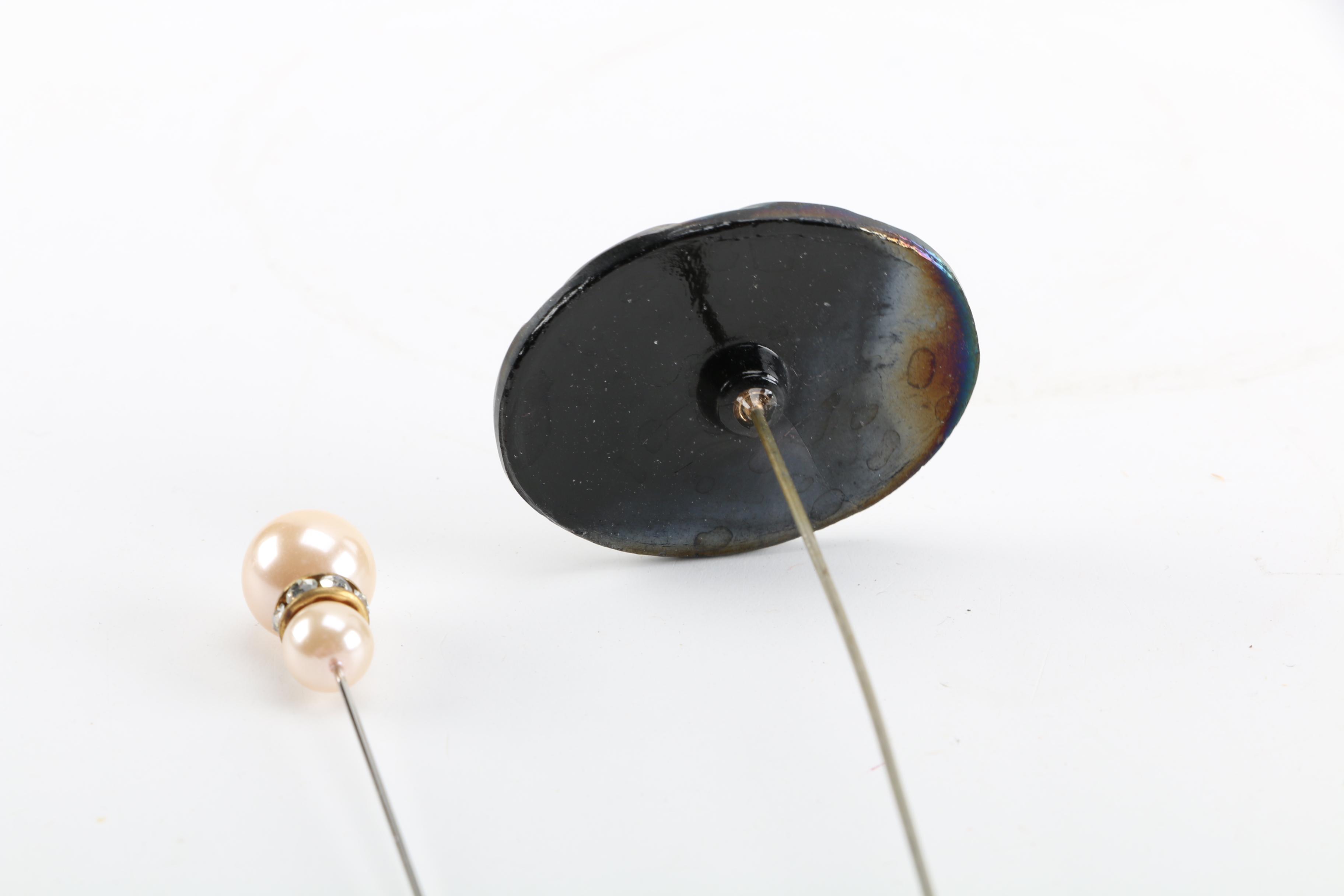 Carnival Glass Moth Hatpin and Imitation Pearl Hatpin