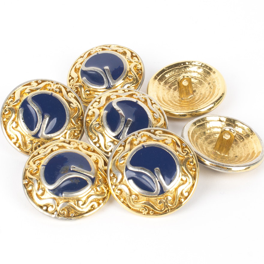 St. John Gold Tone and Blue Enameled Logo Buttons