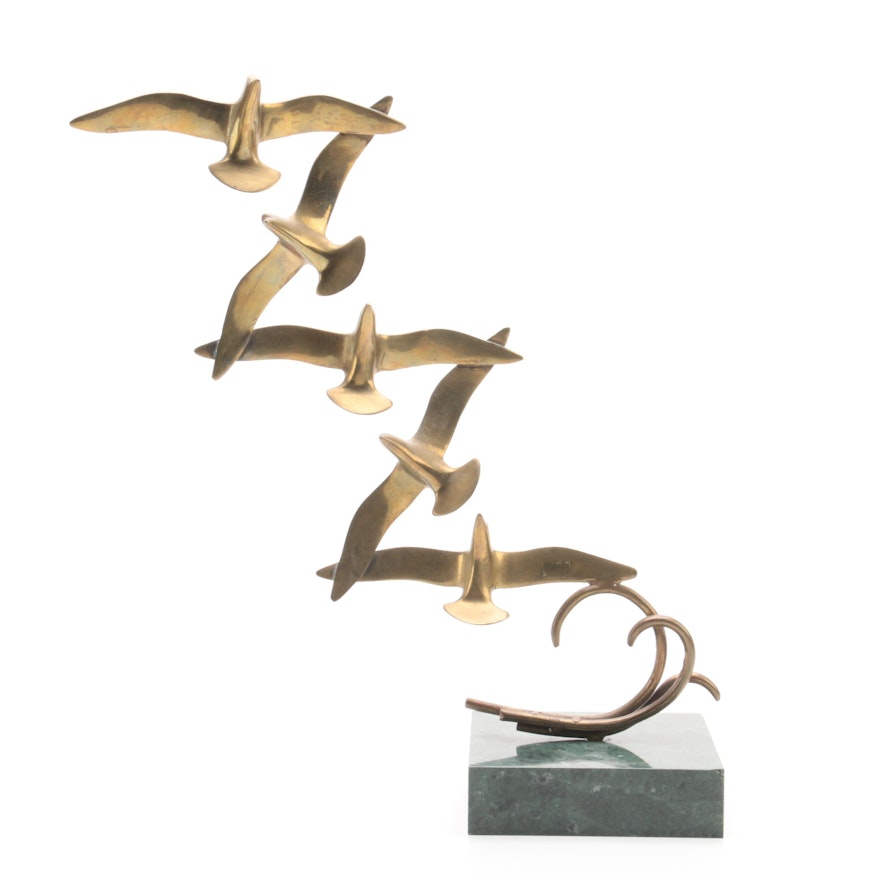 Brass Birds Figurine On Marble Base