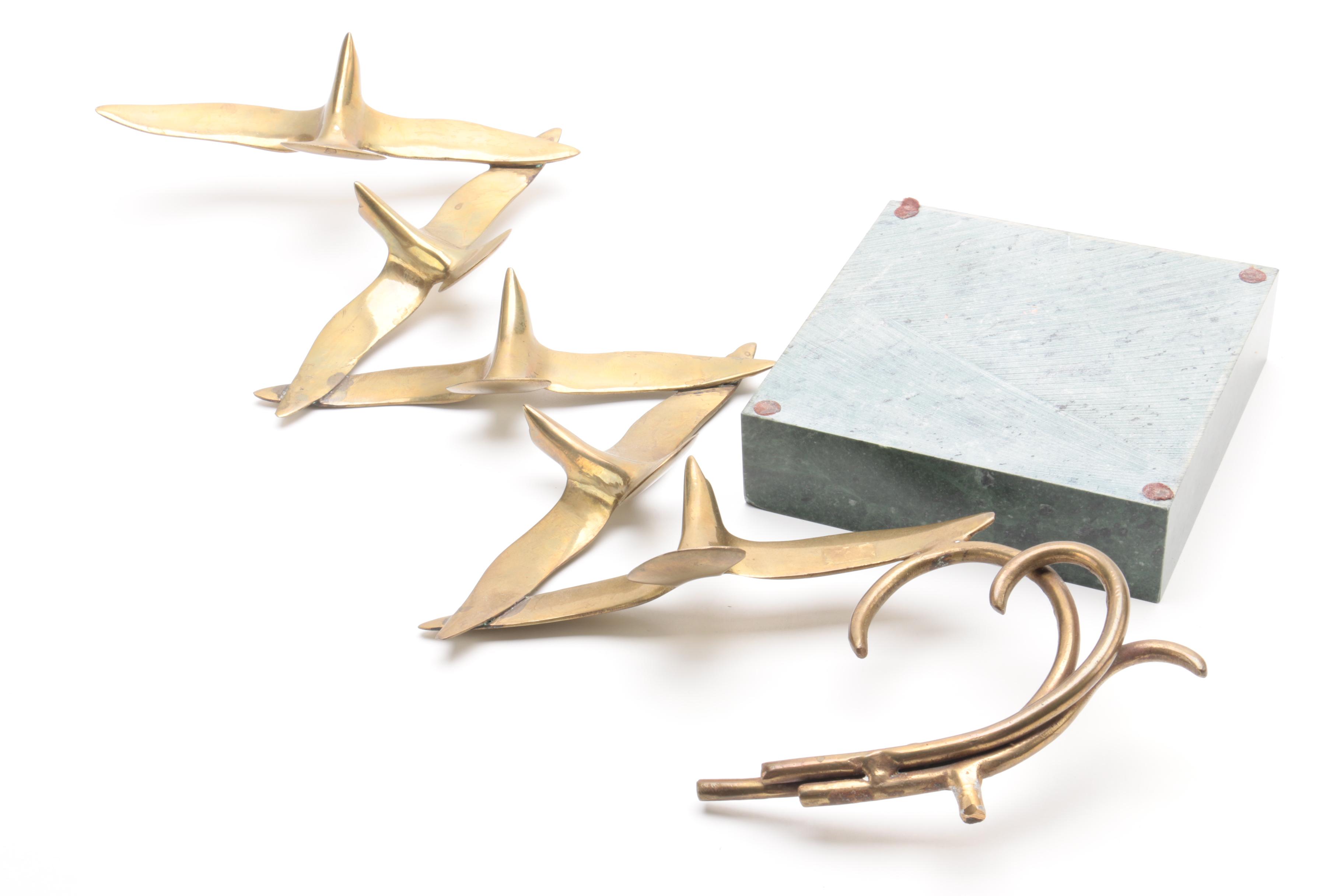 Brass Birds Figurine On Marble Base