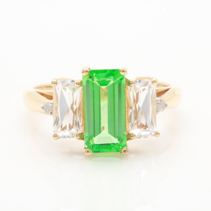 10K Yellow Gold Synthetic Green and White Sapphire Ring With Diamond Accents