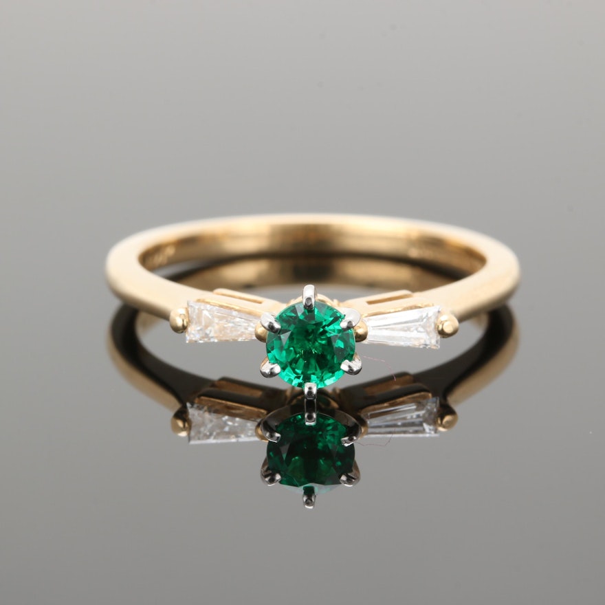 14K Yellow Gold Synthetic Emerald and Diamond Ring