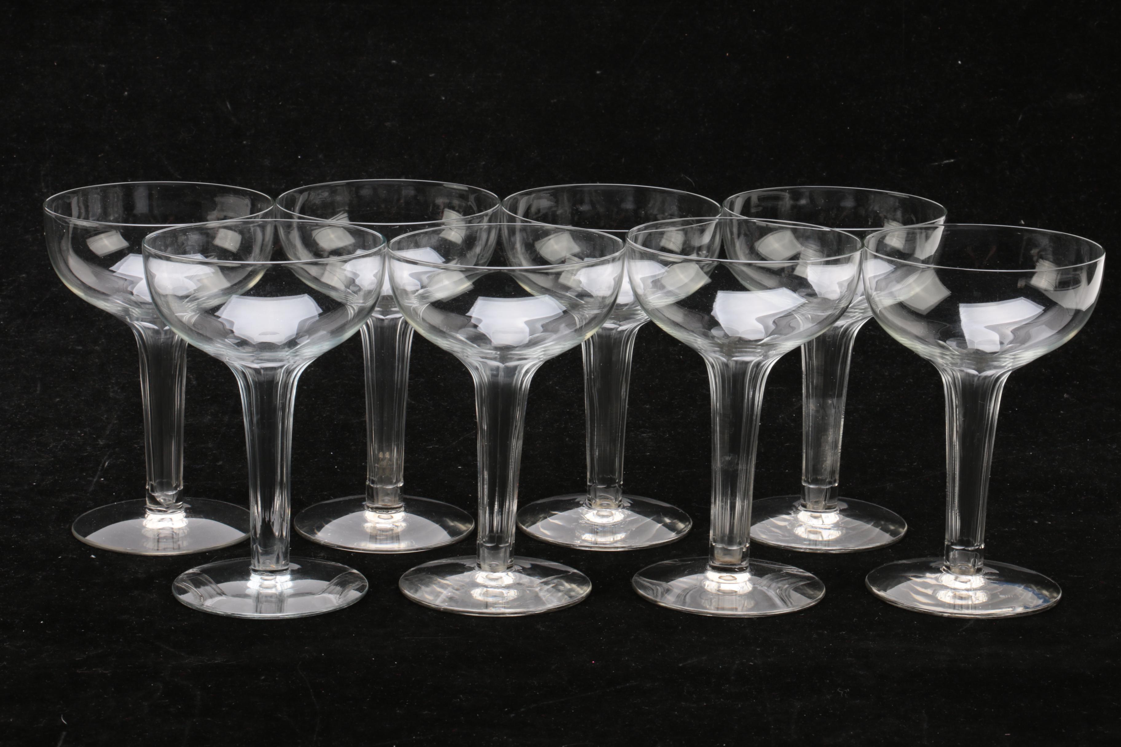 Vintage Art Deco Glass Champagne Coupes with Hollow and Faceted Stems