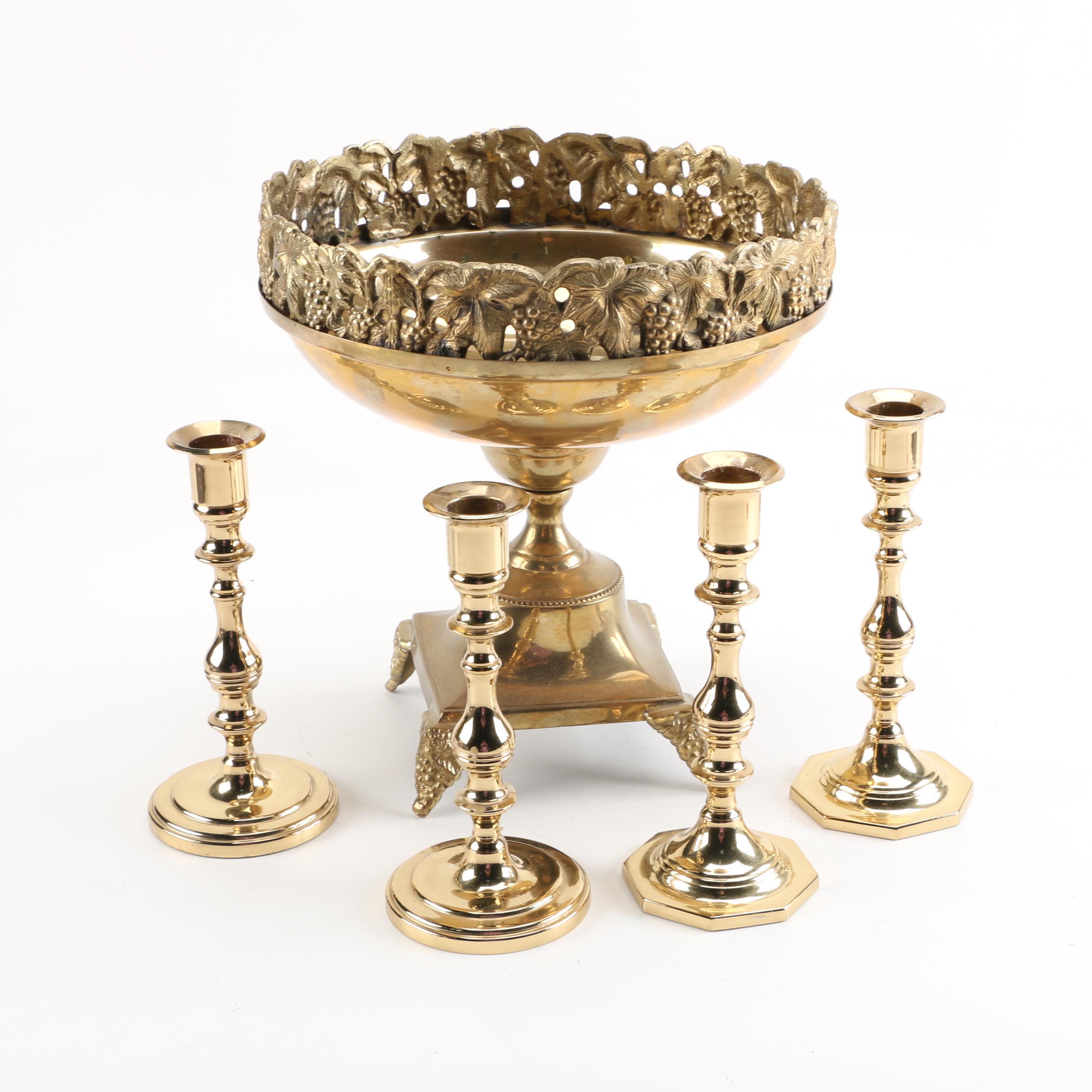 Baldwin Forged Solid Brass Candlesticks and Sadek Footed Bowl