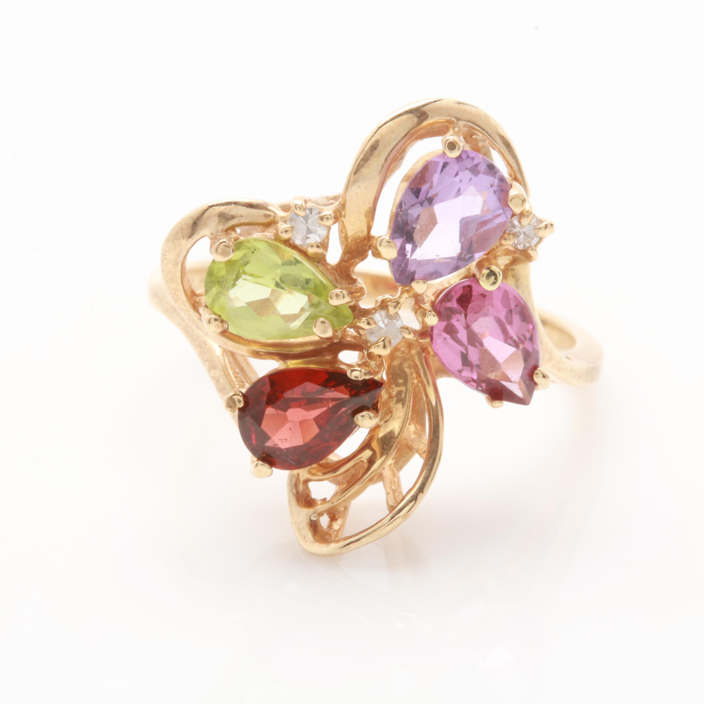 10K Yellow Gold Amethyst, Diamond and Gemstone Ring