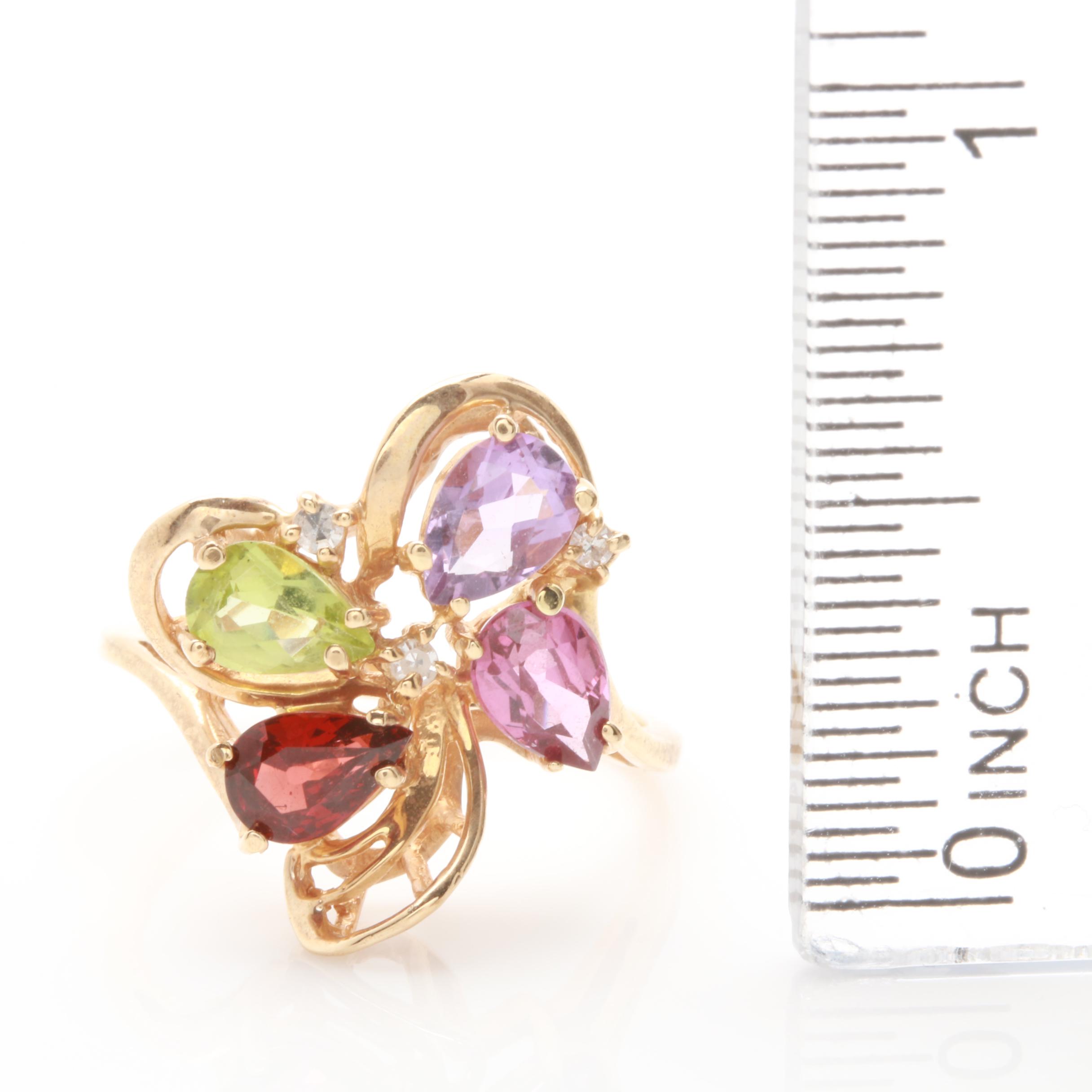 10K Yellow Gold Amethyst, Diamond and Gemstone Ring