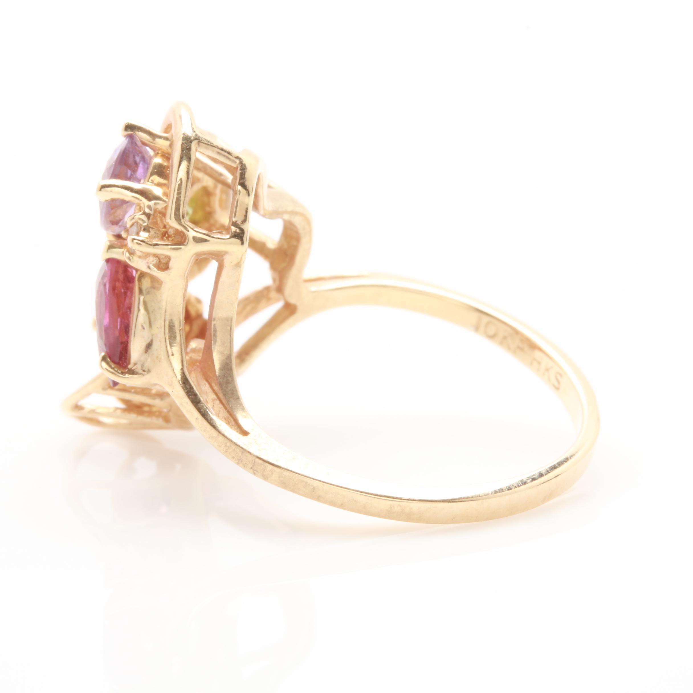 10K Yellow Gold Amethyst, Diamond and Gemstone Ring