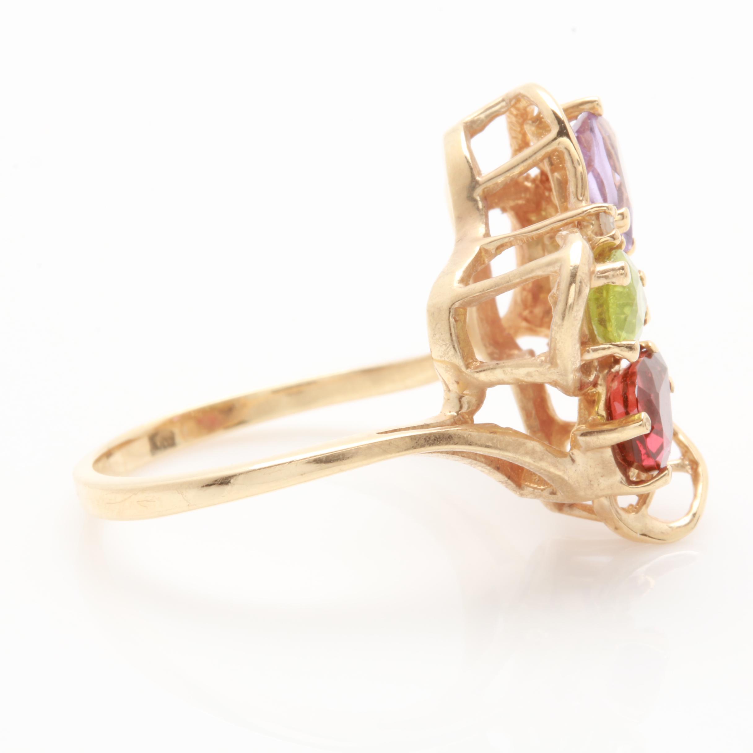 10K Yellow Gold Amethyst, Diamond and Gemstone Ring