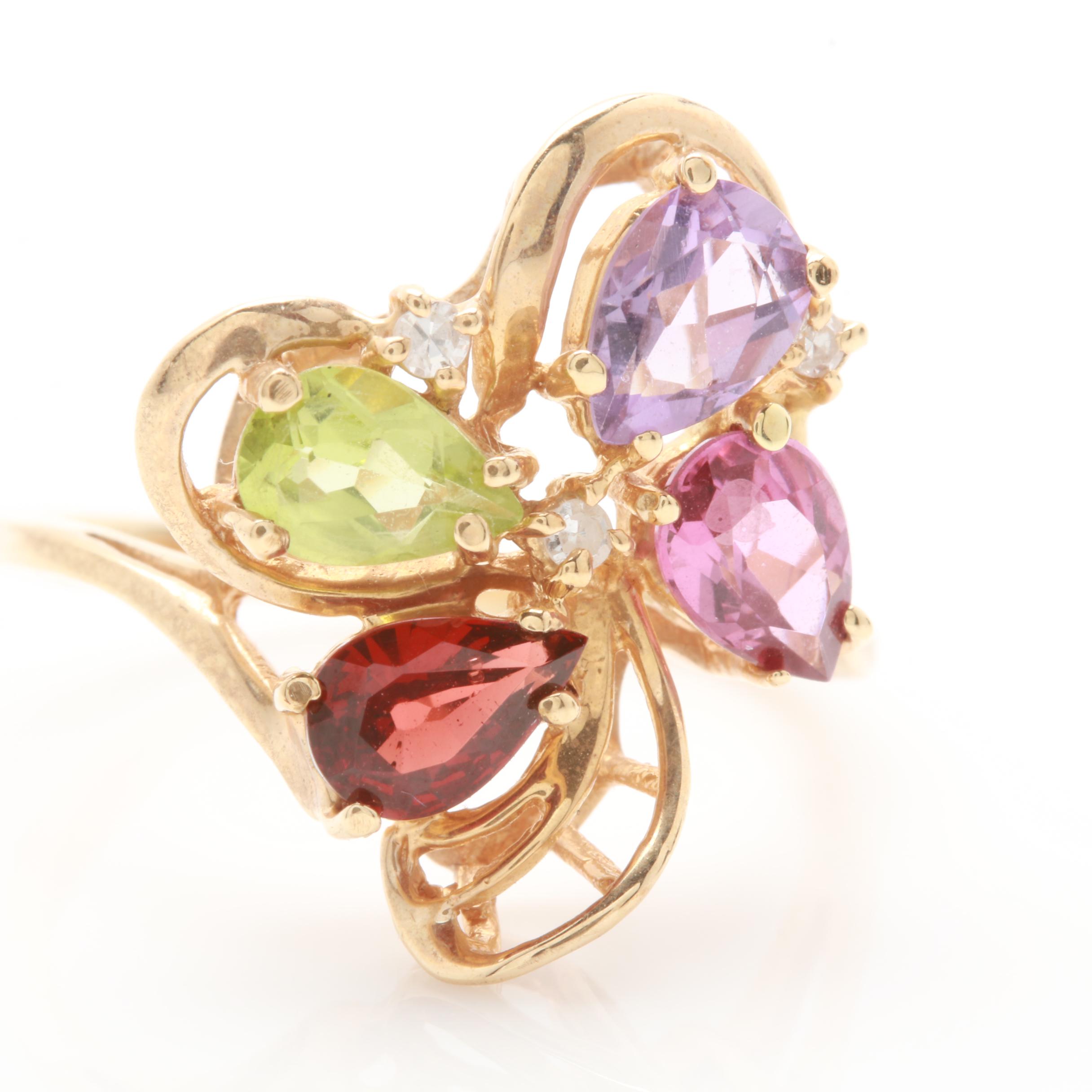 10K Yellow Gold Amethyst, Diamond and Gemstone Ring
