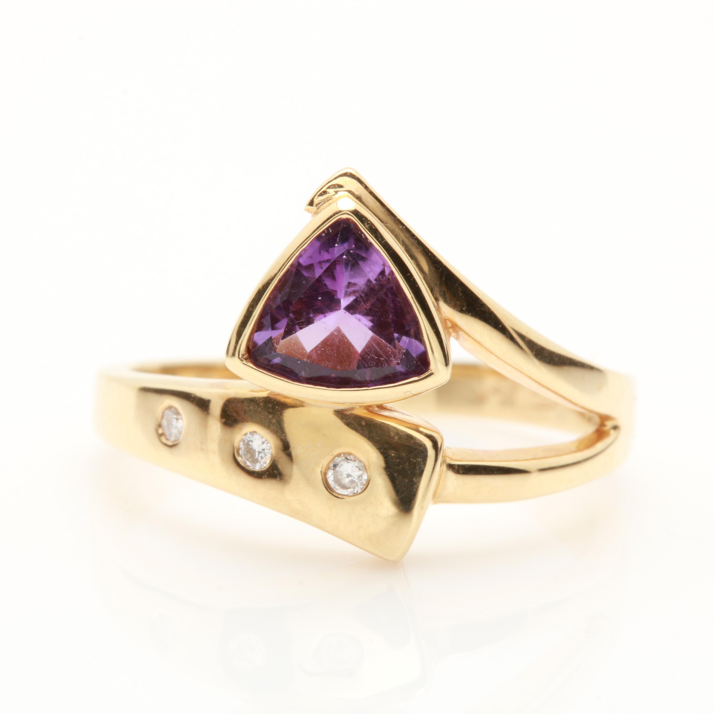 14K Yellow Gold Amethyst and Diamond Ring