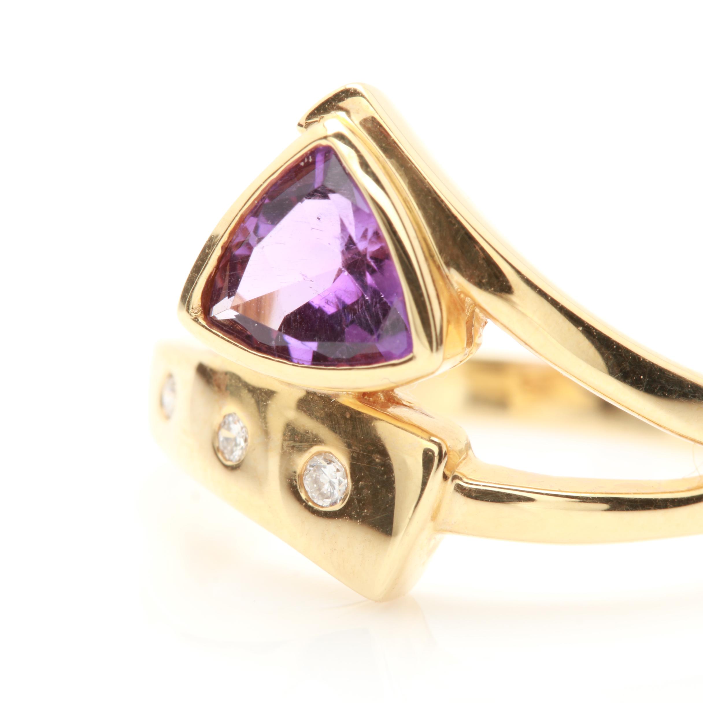 14K Yellow Gold Amethyst and Diamond Ring