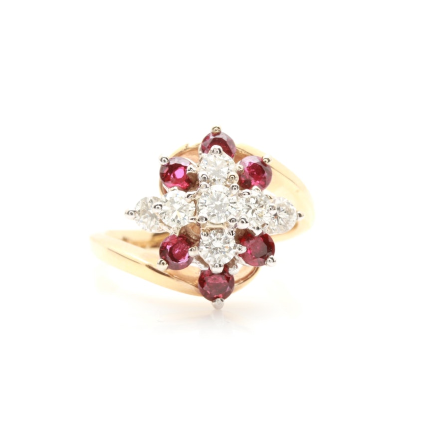 14K Yellow Gold Ruby and Diamond Bypass Ring