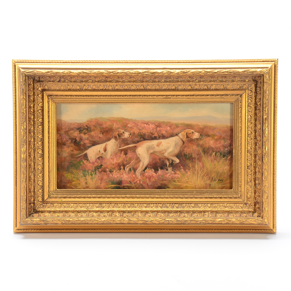 G. Roy Oil Painting on Board of Hunting Dogs