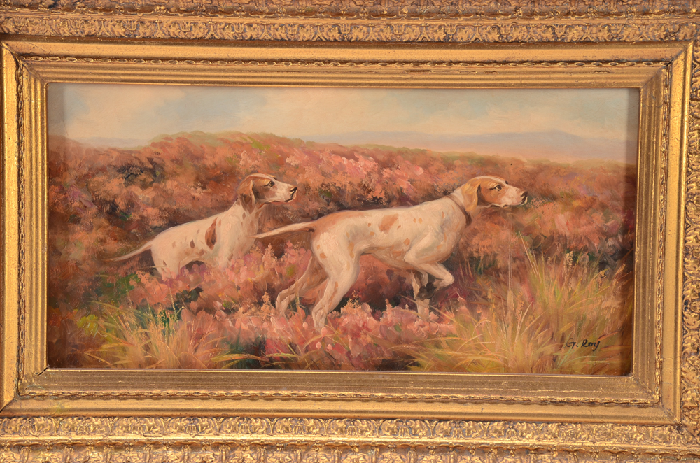 G. Roy Oil Painting on Board of Hunting Dogs