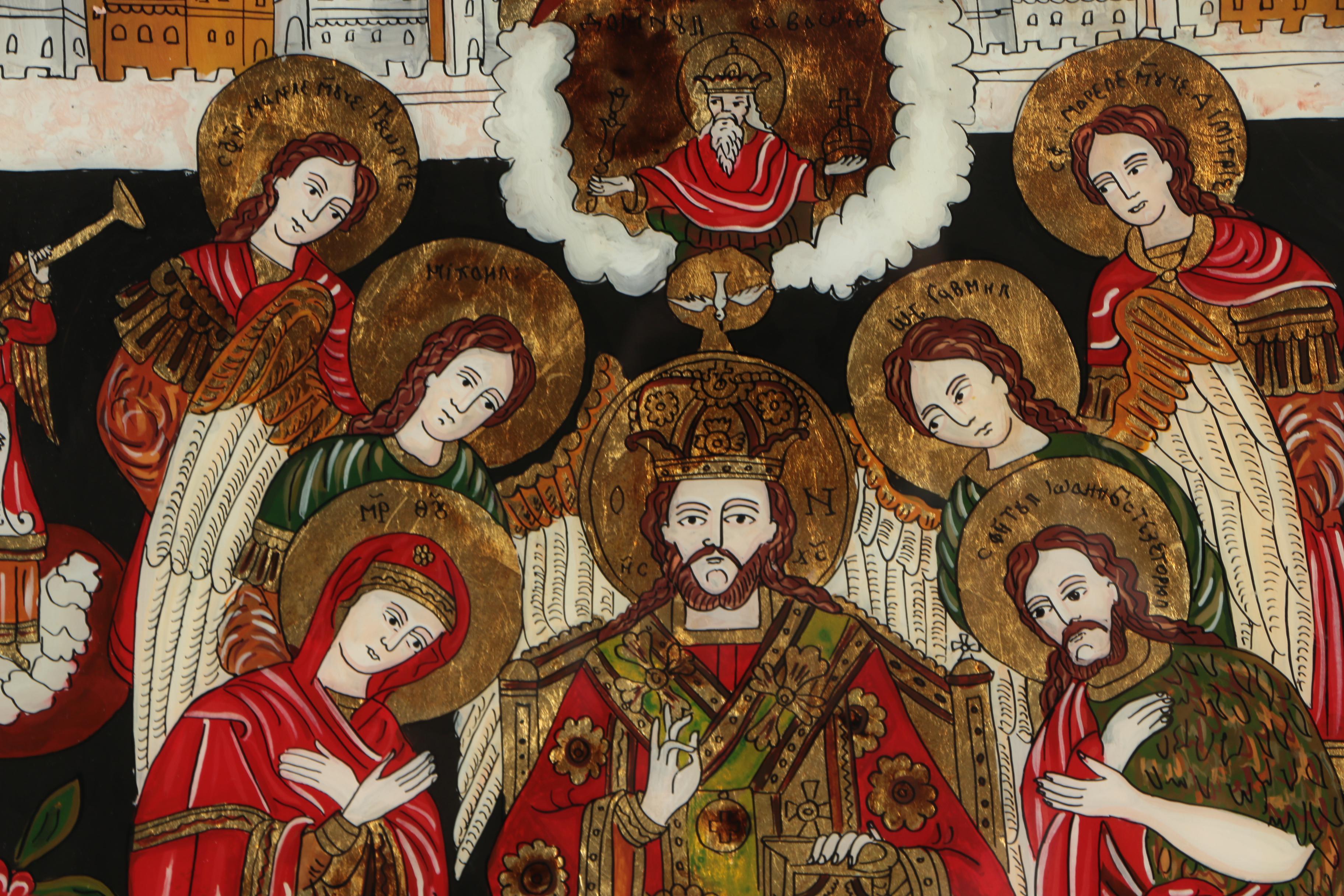 Eastern Orthodox Gouache and Gold Leaf Reverse Glass Painting of Jesus Christ