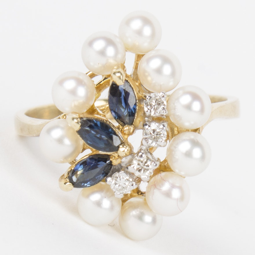 14K Yellow Gold Diamond, Sapphire, and Pearl Ring
