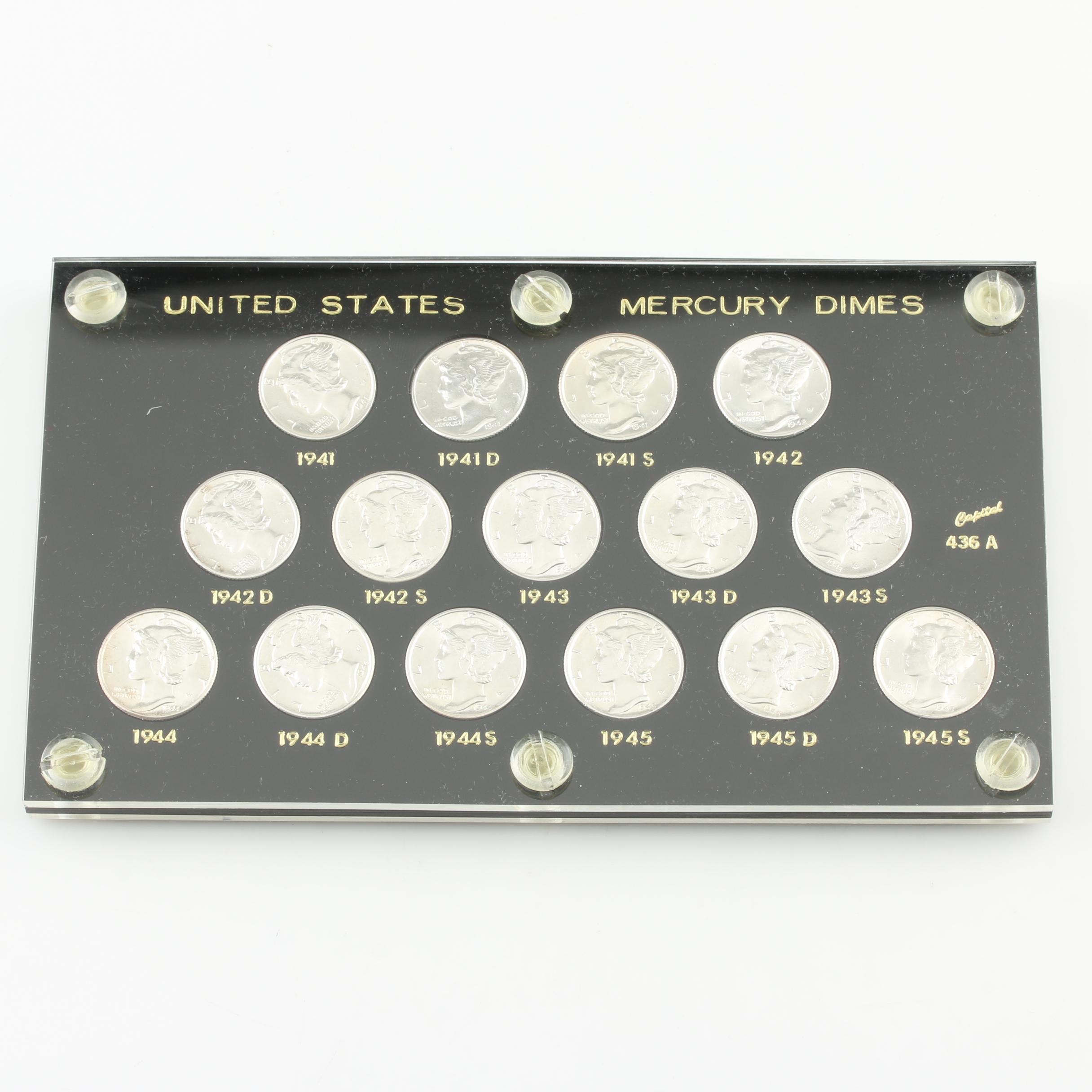 Set of Fifteen Mercury Silver Dimes from 1941 to 1945