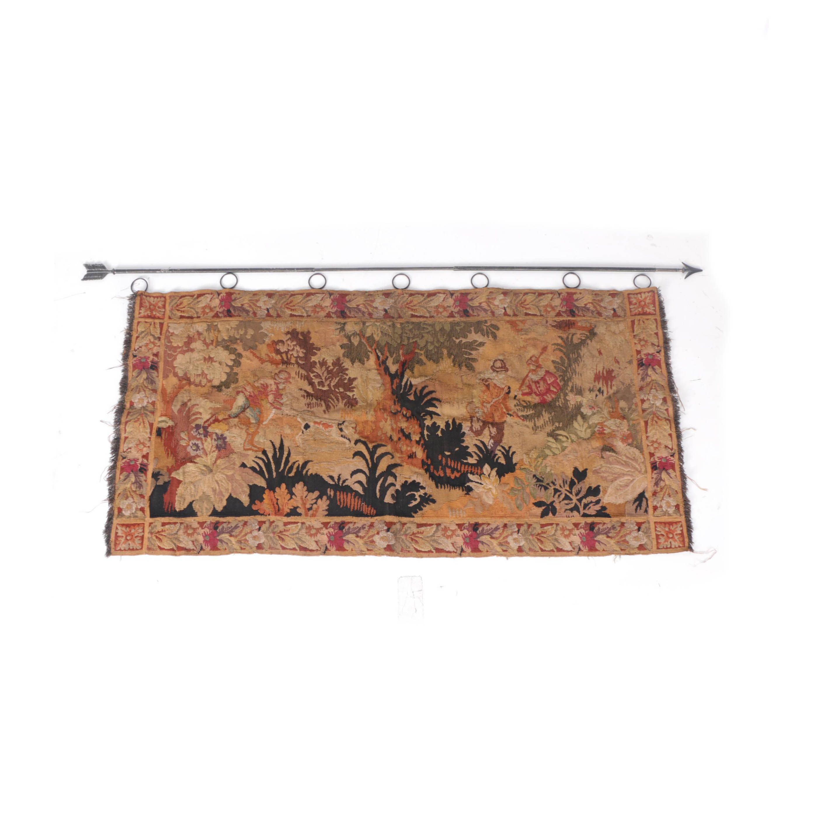 Vintage Handwoven Floral Tapestry with Hunting Scene and Rod