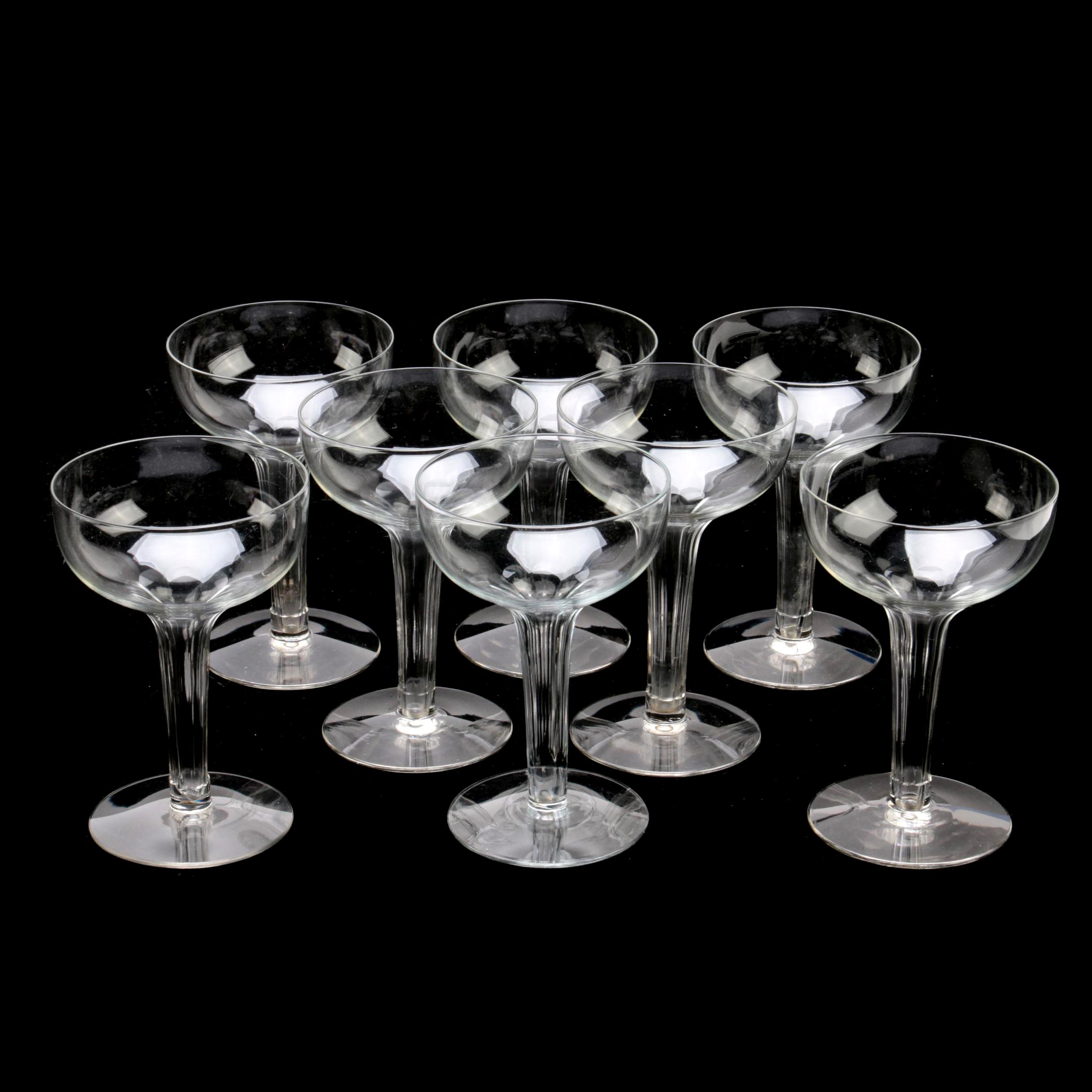 Vintage Art Deco Glass Champagne Coupes with Hollow and Faceted Stems