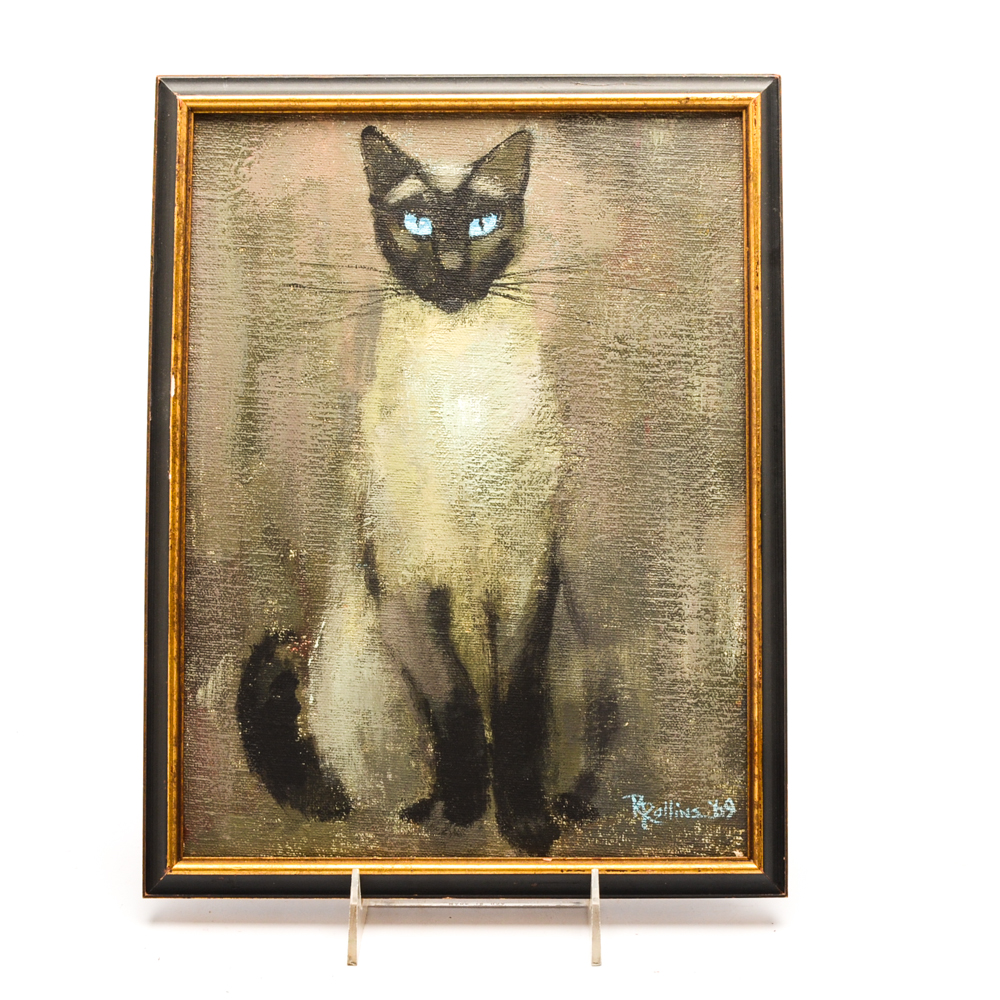 R. Rollins Vintage Oil Painting on Canvas of Siamese Cat