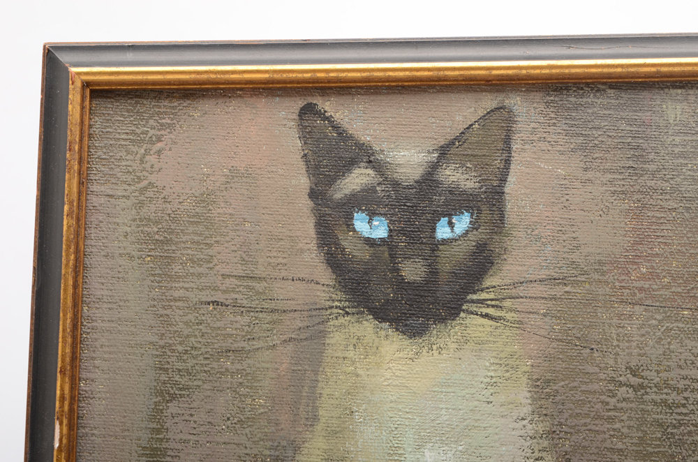 R. Rollins Vintage Oil Painting on Canvas of Siamese Cat