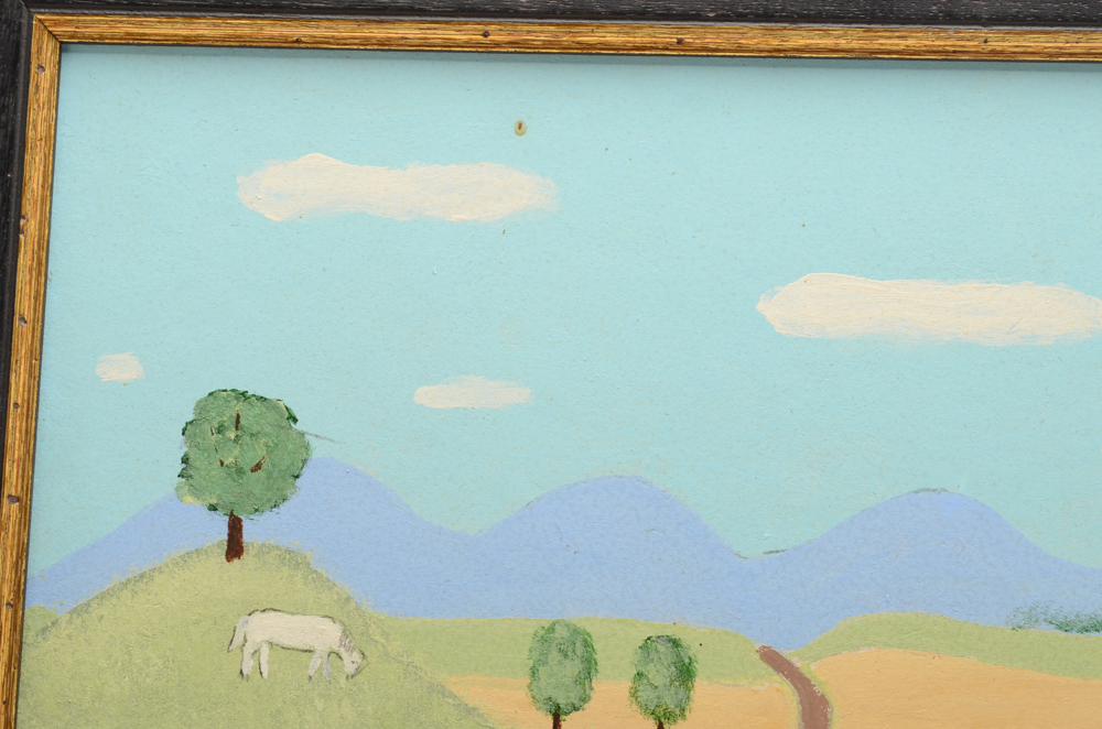 Harold Bayer Oil on Masonite Folk Art Painting of Pastoral Scene