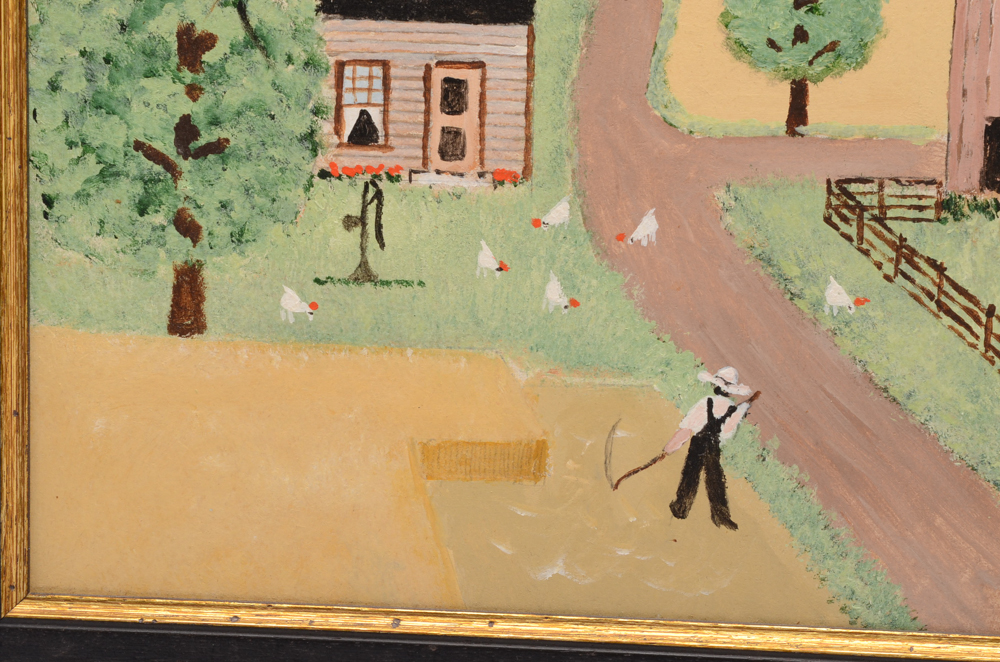 Harold Bayer Oil on Masonite Folk Art Painting of Pastoral Scene