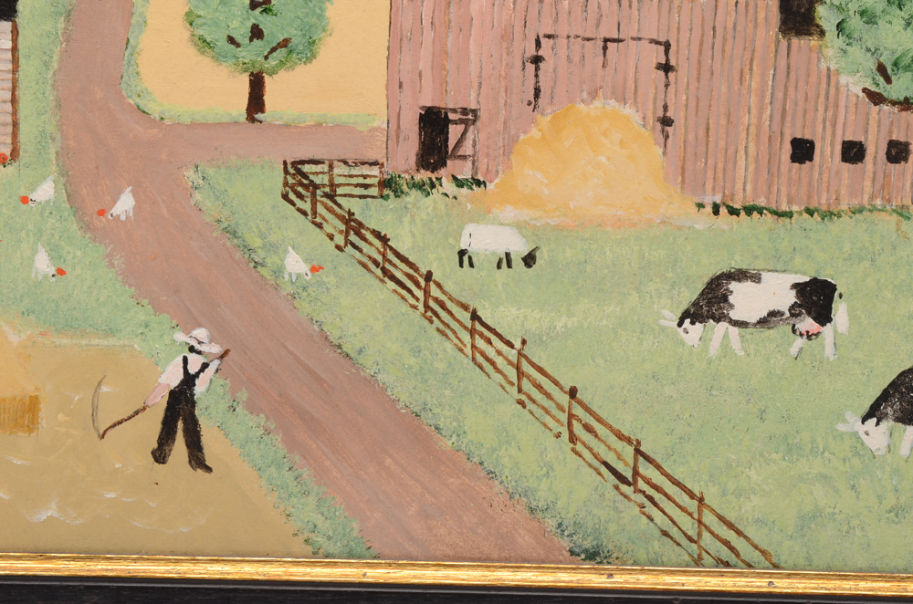 Harold Bayer Oil on Masonite Folk Art Painting of Pastoral Scene