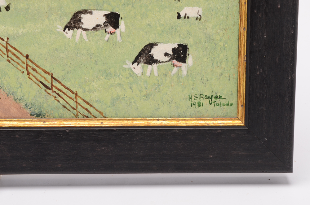 Harold Bayer Oil on Masonite Folk Art Painting of Pastoral Scene