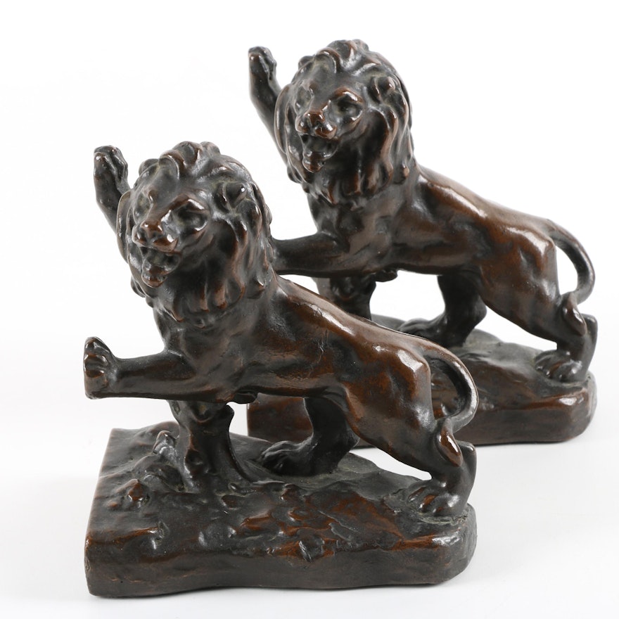 Early 20th Century Galvano Bronze P. Mori and Sons Lion Bookends