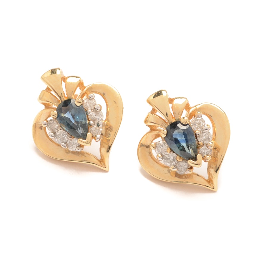 14K Yellow Gold Sapphire and Diamond Heart Shaped Earrings