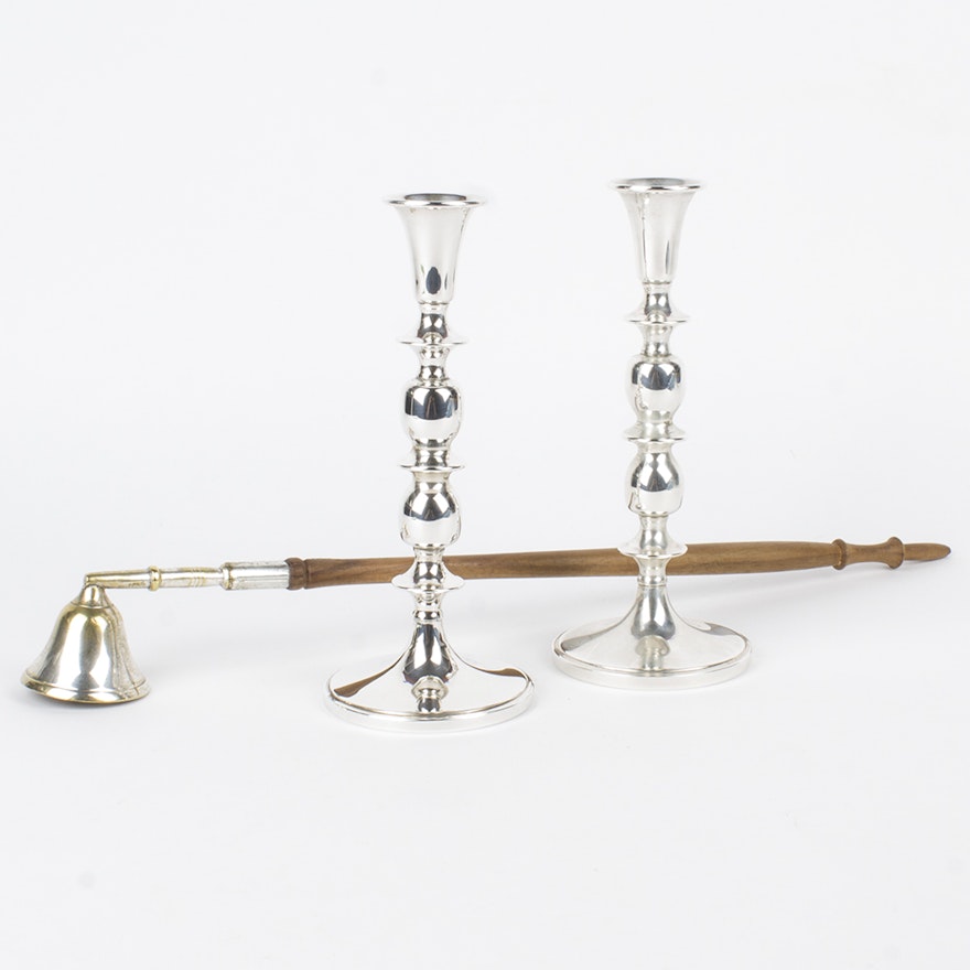 Cartier Weighted Sterling Candlesticks with Candle Snuffer