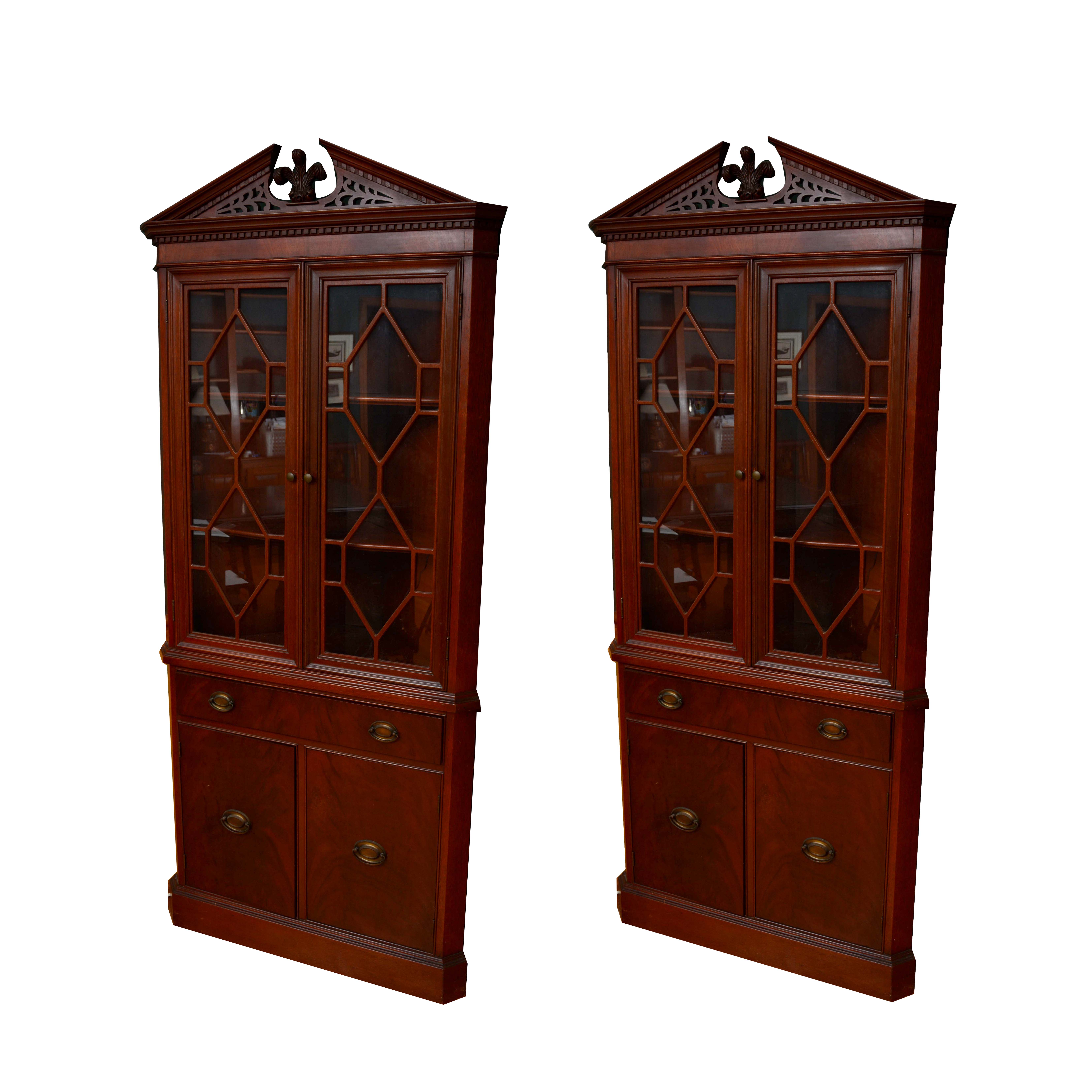 Vintage Federal Style Mahogany Corner China Cabinets by Finch Fine Furniture